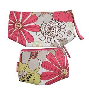 Clinique Cosmetic Bag Set Of 2 Zipper Closure Lined Beige Pink Floral Pattern
